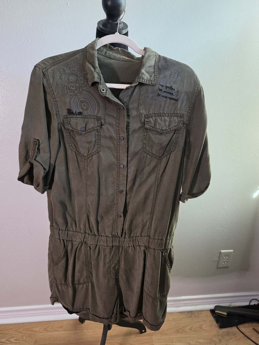 Desigual Olive Utility Romper with Embroidered Detail